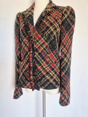 DKNY Wool Blend Tartan Tweed Boucle Jacket Blazer Ruffle Snap Multicolor